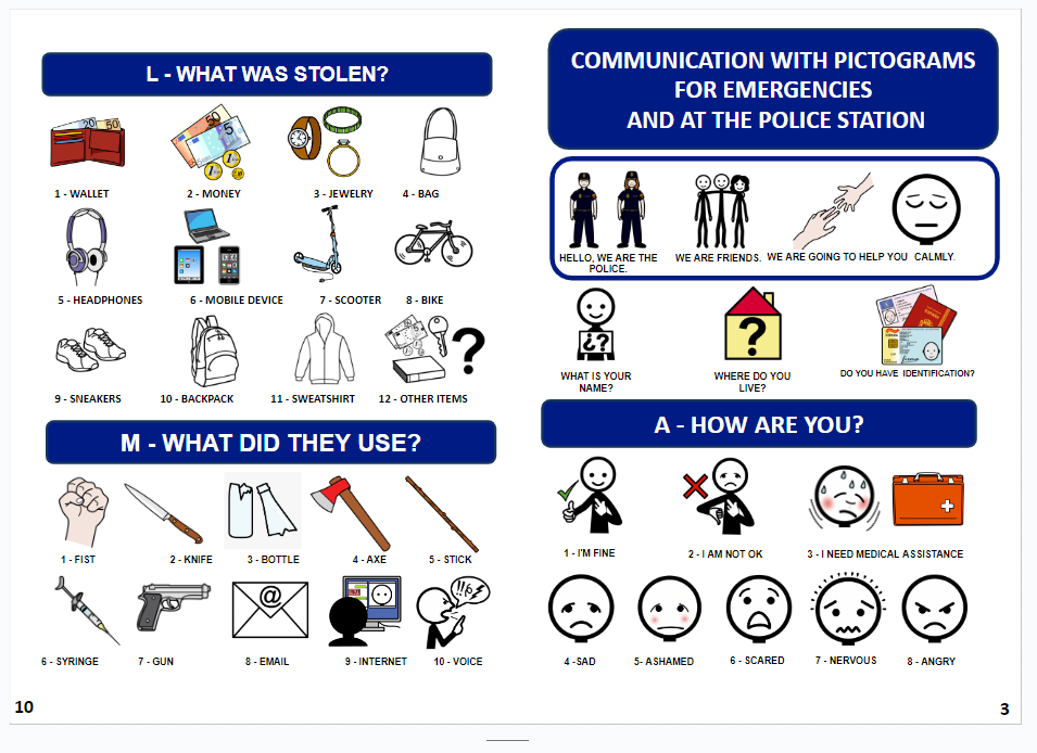 Communication notebook for the Police with pictograms for emergency situations and at the police station